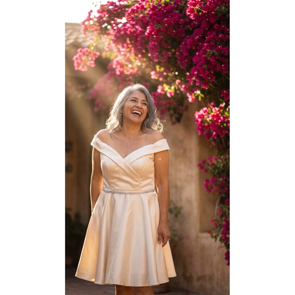 Ladivine Cinderella Divine L Champagne Satin Off Shoulder Rhinestone Mini Dress
